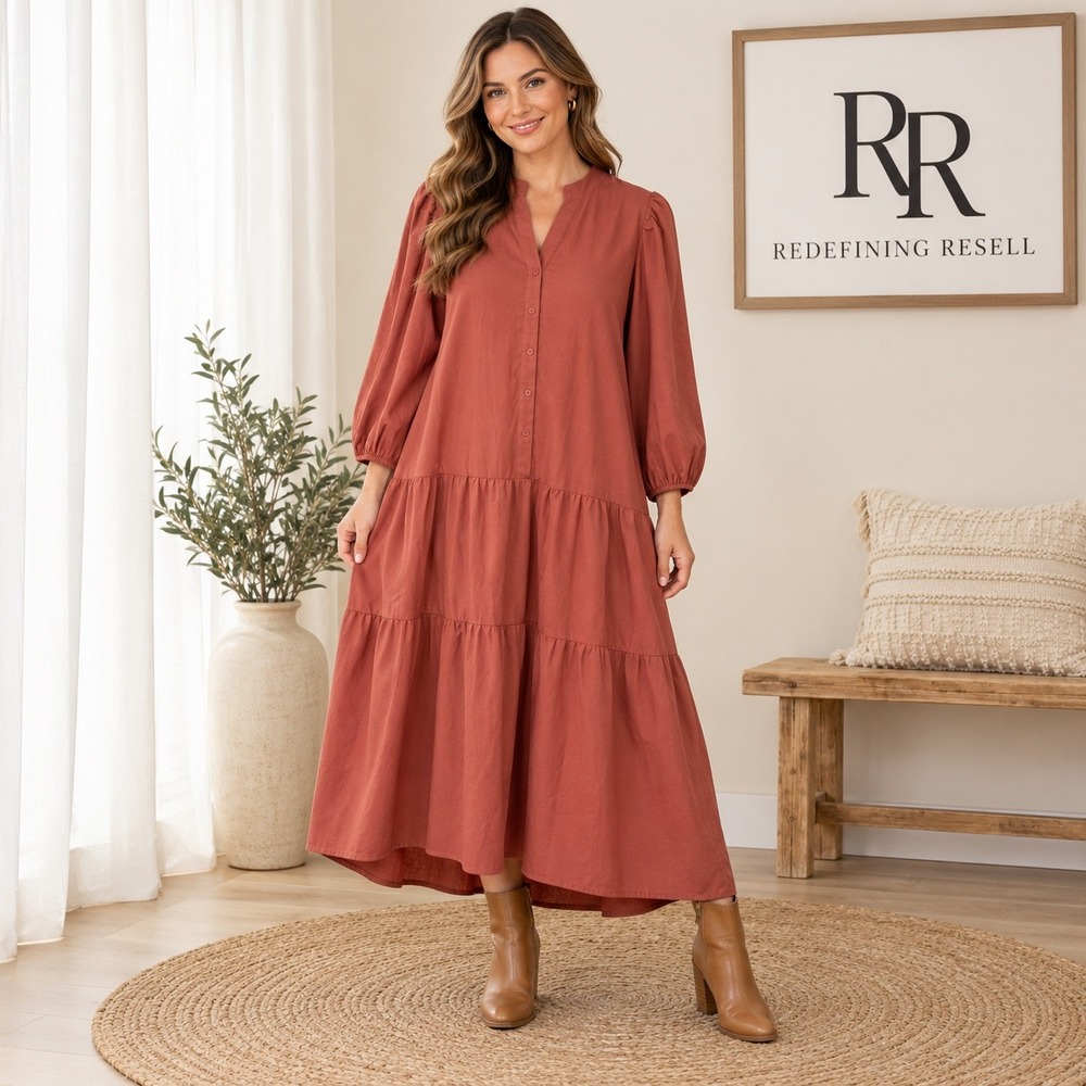 Entro Terracotta Rust Tiered Maxi Dress Long Sleeve V-Neck D19440 Large NEW